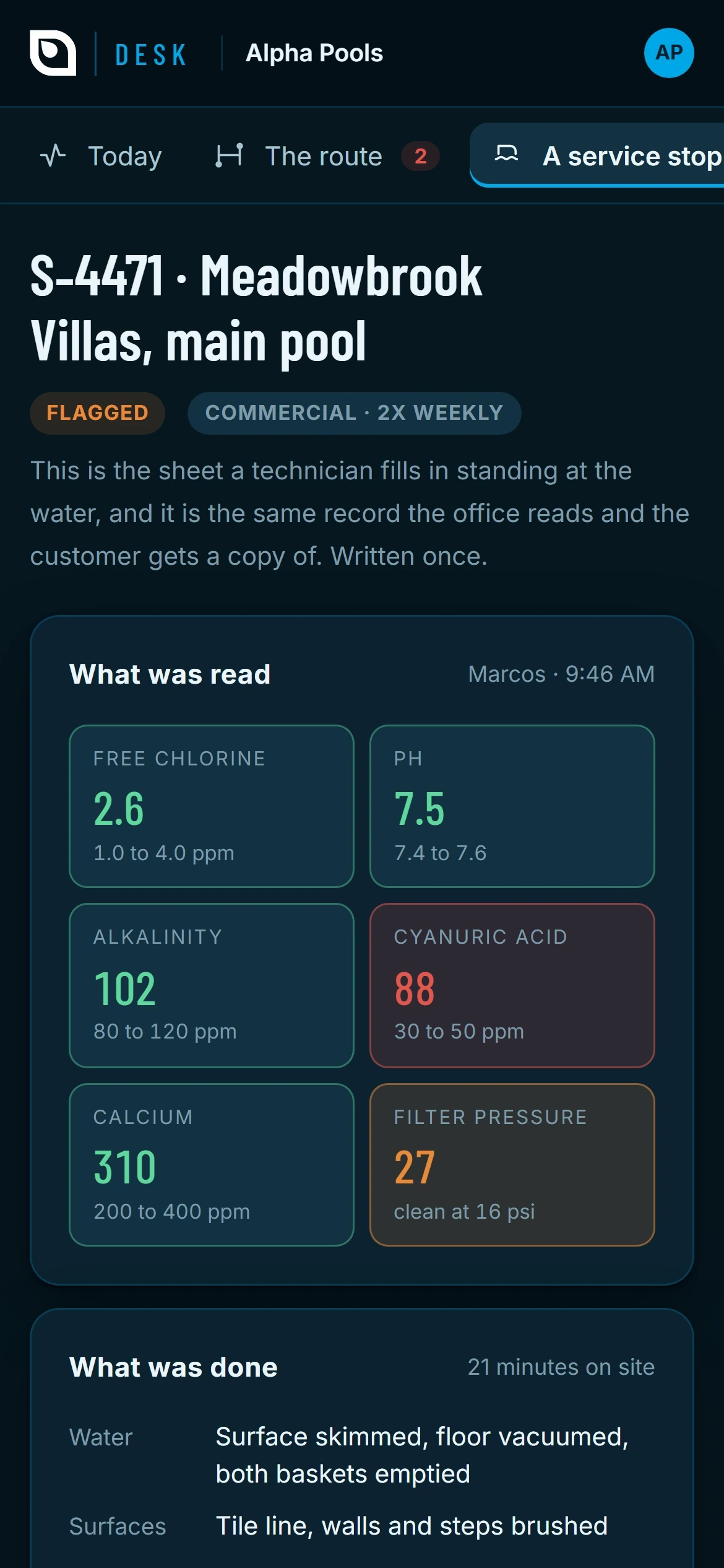 An Alpha Pools service stop on a phone, with chlorine, pH, alkalinity and filter readings