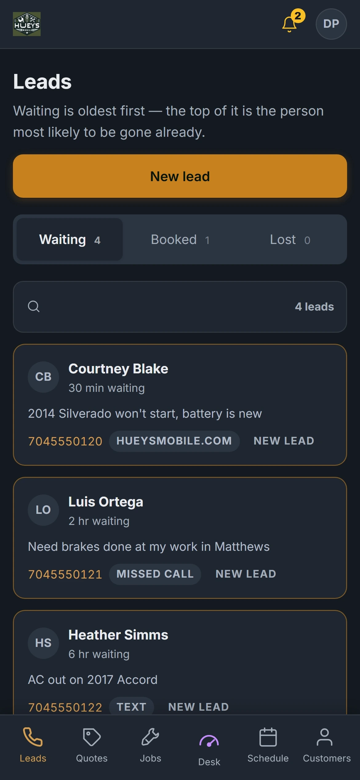 Huey's Mobile, mobile auto repair, on a phone. Oldest lead first.
