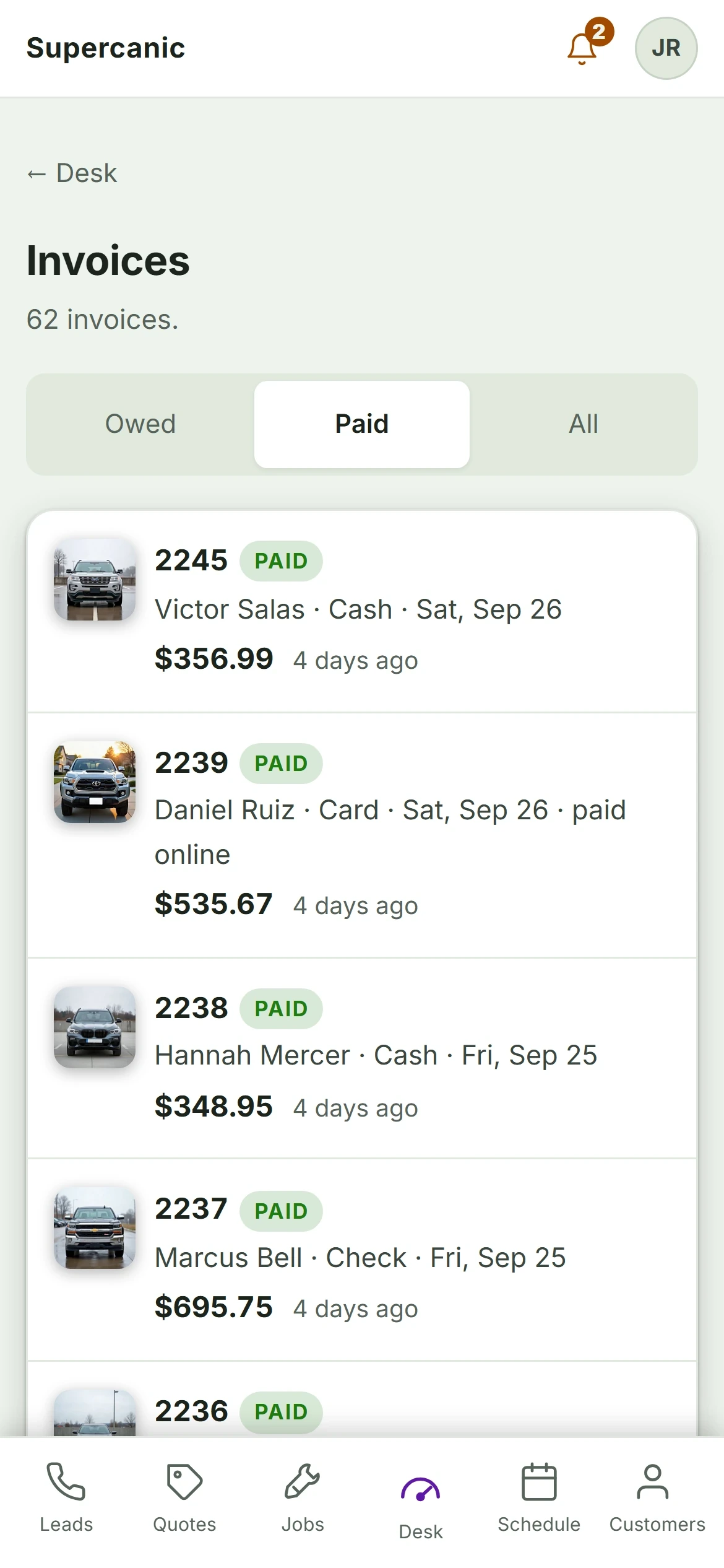 Shop Desk invoices on a phone, paid by cash, card or check