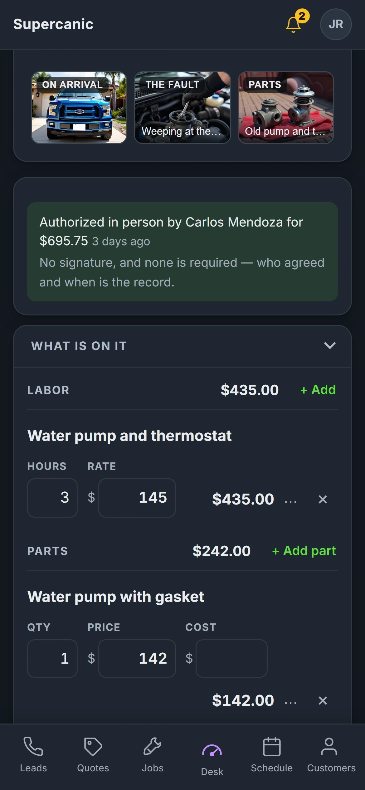 A Shop Desk job card on a phone